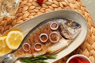 Wall Mural - Plate with tasty grilled dorado fish on table