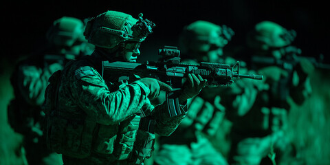 Group of soldiers wearing night vision goggles aiming rifles during night operation