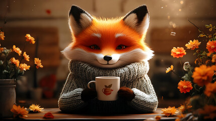 Poster - A cozy fox in a sweater holding a cup surrounded by flowers.