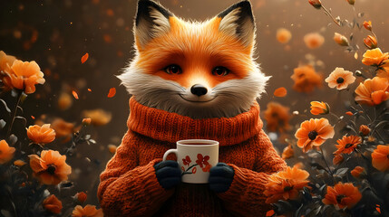 Wall Mural - A charming fox in a cozy sweater holds a cup in a floral setting.