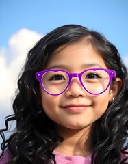 Adorable Young Girl with Curly Hair Wearing Purple Glasses and Smiling