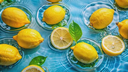 Wall Mural - Fresh lemons floating in refreshing water , lemons, water, citrus, fruit, yellow, refreshing, healthy, beverage, detox, vitamin C