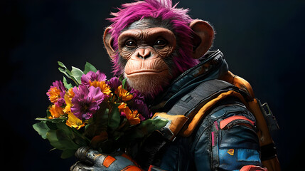 Wall Mural - A colorful monkey holding a bouquet of flowers, blending humor and charm in a vibrant setting.