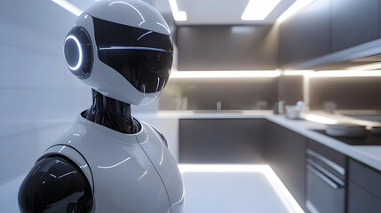 Poster - A futuristic robot stands in a modern kitchen, showcasing advanced technology.