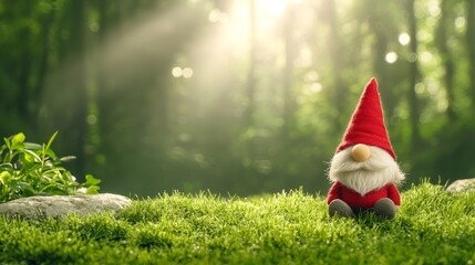 A charming garden gnome sits quietly on lush green grass, basking in warm sunlight filtering through the trees.