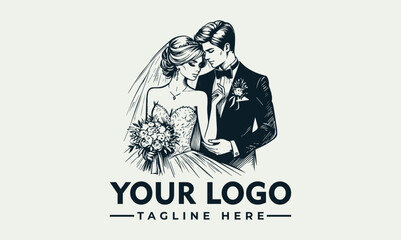 Bride and groom embracing, wedding dress flowing vector logo Bride and groom hugging, bridal gown in motion. Suitable for wedding invitations, bridal magazines, romantic themed designs.