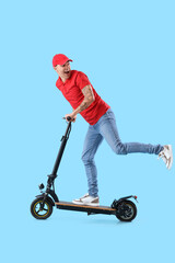 Sticker - Young courier riding electric scooter on blue background