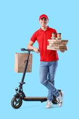 Poster - Young courier with food, drinks and electric scooter on blue background