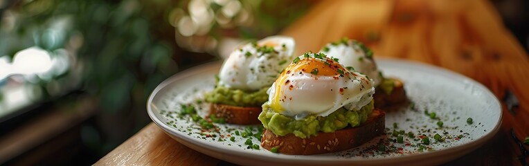 Wall Mural - Healthy breakfast toast with avocado smash and boiled egg