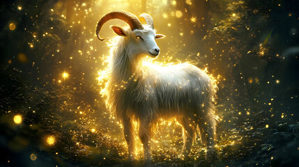 Sticker - A mystical goat illuminated by golden light in a forest setting.