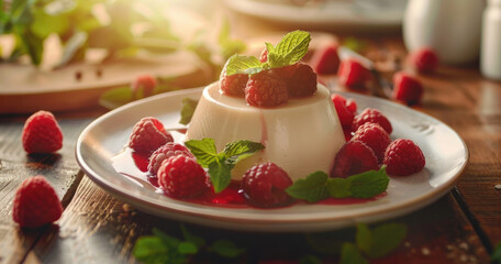 Wall Mural - A close-up shot of panna cotta on the table with mint leaves and red berries sprinkled over it.