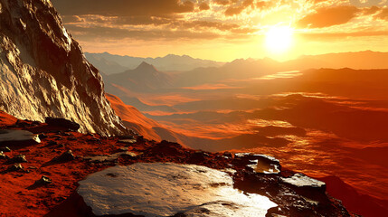 A stunning sunset over a rugged, mountainous landscape with red hues and dramatic lighting.