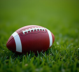 Image of an American football placed on the grass. with copy space image. Place for adding text or design