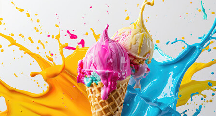 Wall Mural - Colorful ice cream splashes in the air, creating an abstract background with a white backdrop.