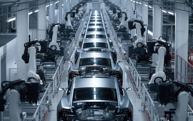 Canvas Print - Aerial view of the car assembly line, with robotic arms attached to columns in the middle that right angle bang on cars from above as they pass.