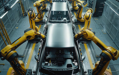 Canvas Print - Aerial view of the car assembly line, with robotic arms attached to columns in the middle that right angle bang on cars from above as they pass.