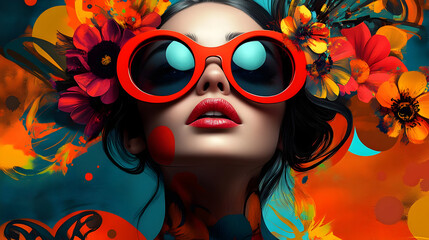 Poster - A vibrant portrait of a woman with oversized sunglasses and floral accents, showcasing bold colors.