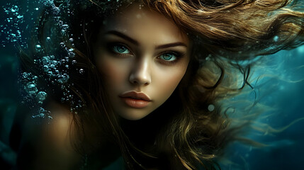 Wall Mural - A captivating underwater portrait of a woman with flowing hair and striking eyes.