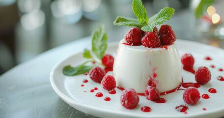 Wall Mural - A close-up shot of panna cotta on the table with mint leaves and red berries sprinkled over it.