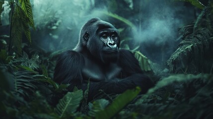 Poster - Gorilla in the Foggy Jungle