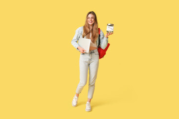 Poster - Female student with jar bank and laptop on yellow background. Concept of savings for education