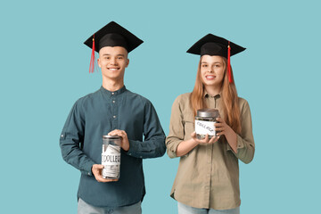 Poster - Young students in graduation hats with jar banks on blue background. Concept of savings for education