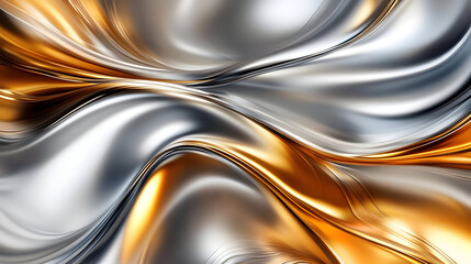 Wall Mural - A flowing abstract design featuring metallic silver and gold waves.