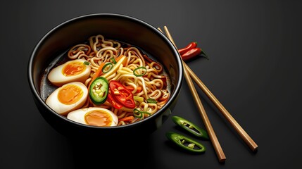 Chopstick noodle soup meal bowl vegetable food ramen japan asian. copy space for text.