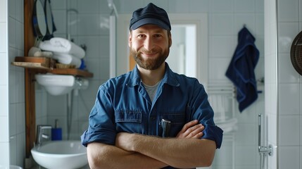 plumbing services. smiling plumber in blue uniform standing in bathroom. copy space for text.