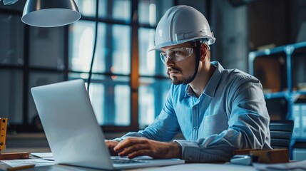 Professional architect designer engineer helmet man construction computer industrial working laptop architect professional job occupation. copy space for text.