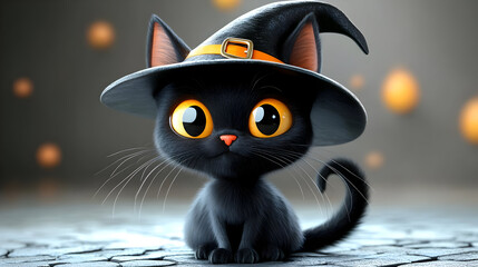 Sticker - A cute black cat wearing a witch's hat, set in a whimsical, magical atmosphere.