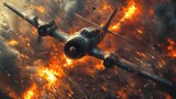 World War II Bomber Plane Flying Through Fire