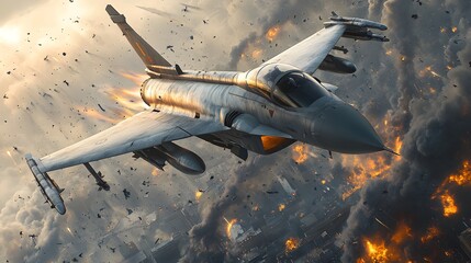 Wall Mural - Fighter Jet Flying Over Burning City.