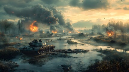 Canvas Print - Tank Crossing a River During a War.