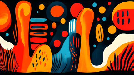 Wall Mural - Abstract colorful composition with organic shapes and vibrant patterns on a dark background.