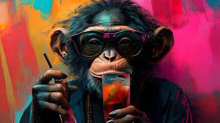 Wall Mural - A stylized monkey wearing sunglasses holds a colorful drink, set against a vibrant background.