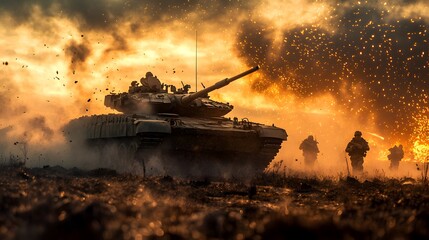 Canvas Print - Tank and Soldiers in Battlefield.