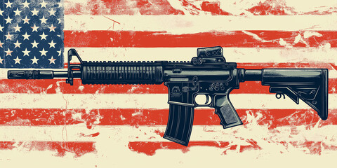 M16 assault rifle laying on american flag background