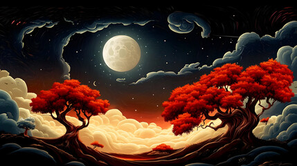 Canvas Print - A surreal landscape featuring vibrant trees, a large moon, and a starry sky.