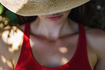 Woman in red tank top and straw hat