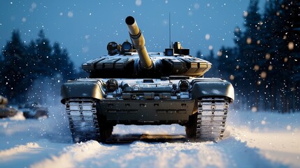 A war tank navigating through a snow-covered battlefield, with snowflakes falling gently in the background