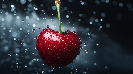 Wall Mural - Single Red Cherry with Water Droplets