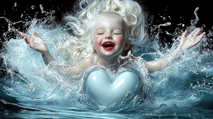 Sticker -   A young girl floats in a body of water with a heart-shaped object at its center