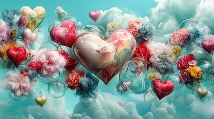 Wall Mural -   A heart-surrounded painting by floating hearts in a blue sky, adorned with clouds