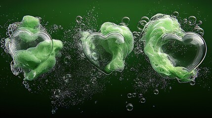 Canvas Print -   Heart-shaped bubbles float on green water's surface, splashed from above and below