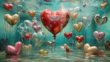 Wall Mural -   A group of heart-shaped balloons bobbing in a watery pool with bubbles on their base