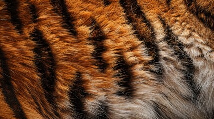 The striking patterns of a tiger's fur display vibrant colors and textures under natural light