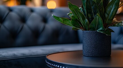 Wall Mural -  A tight shot of a potted plant on a table against a backdrop of couches and lights in the room