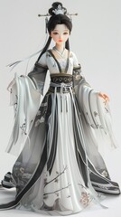 Adorable 3D character of a beautiful woman in traditional Hanfu, set against a white background, showcasing her Asian heritage. This charming design captures the playful essence of cultural attire, ma