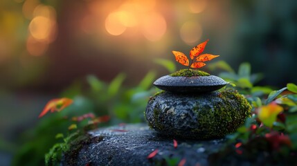 Sticker -  A solitary leaf atop a rock amidst a sea of greens and reds in the leafy expanse